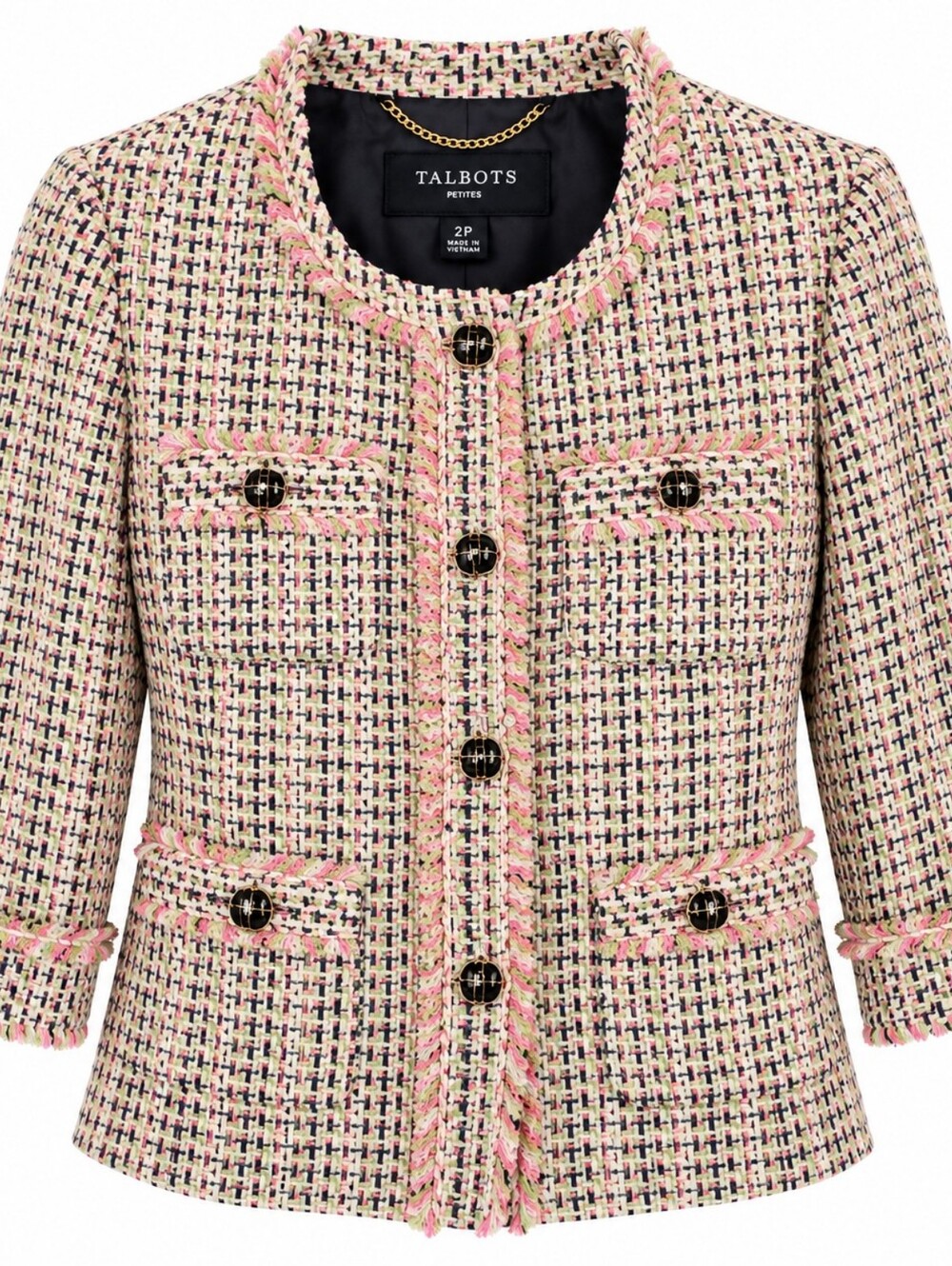 Talbots Petites 2P Tweed Fringe Jacket Boucle Pink Green Black